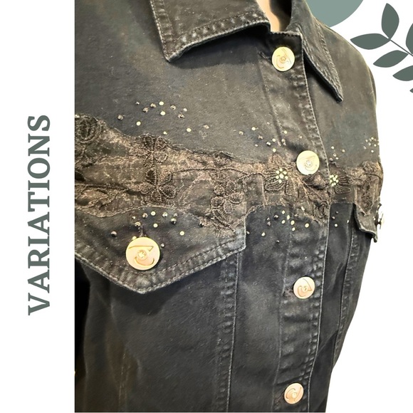 Variations Black Denim Jacket with Lace & Rhinestone Detail Size Medium - Picture 6 of 7